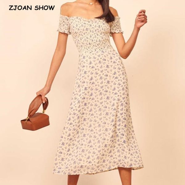 

casual dresses retro elegant elastic off shoulder long france blue floral print vintage back zipper women summer dress d8a1, Black;gray