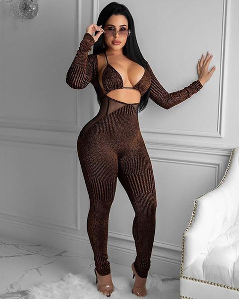 

women's two piece pants slim patchwork hollow out see through two-piece set with bra mesh jumpsuit and lace up party club, White