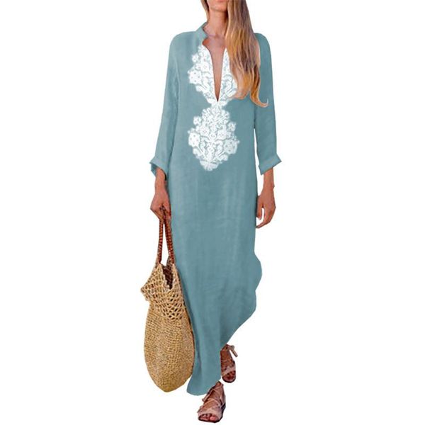 

casual dresses dress boho womens maxi v-neck long sleeve fall loose beach printed ankle-length sundress plus size, Black;gray
