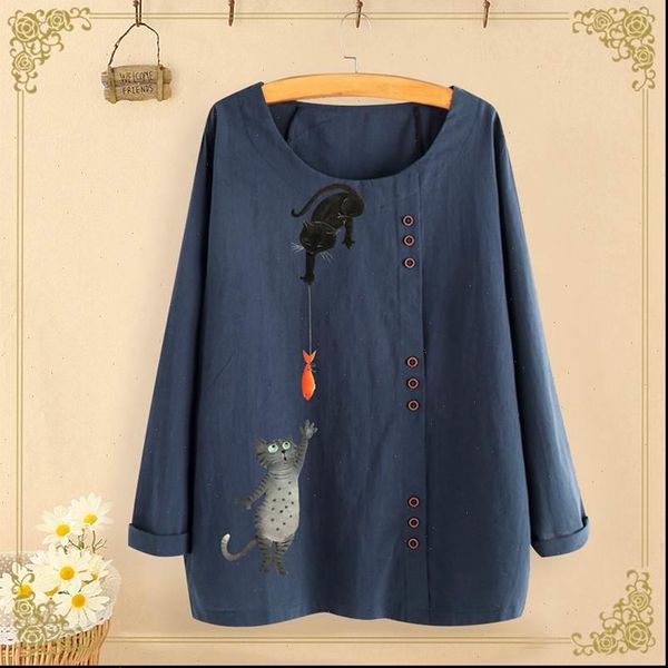 

spring women blouses long sleeve blouse casual party shirts cartoon cat printed tunic vintage cotton blusas female chemise, White