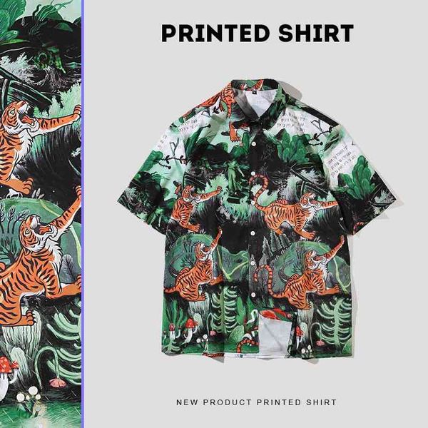 

2021 spring summer chinese style shirt men's short sleeve loose tiger print lapel cardigan casual shirt men's, White;black