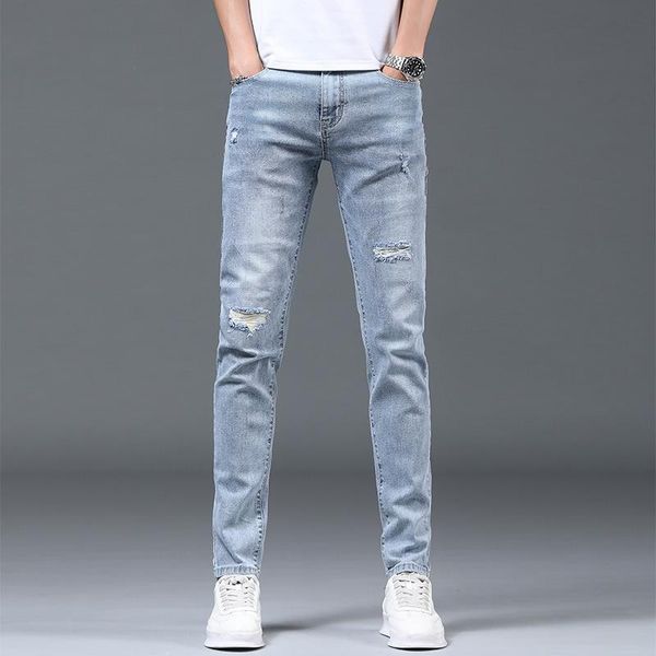 

men's jeans hole slim fit small feet blue fashion brand casual pants summer 2021