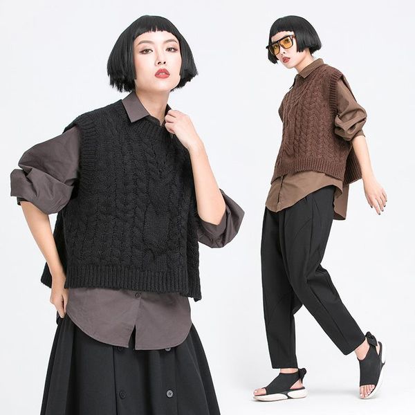 

women's vests rlyaeiz short knitting vest women loose tank female irregular hem o neck pullovers sweater autumn fashion clothes 2021 t, Black;white