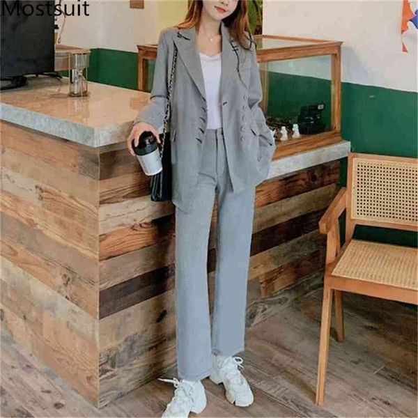 Herbst Koreanische Hahnentritt Frauen Blazer Hosen Anzug Sets Stilvolle Asymmetrische + Outfits Büro Damen s 210513