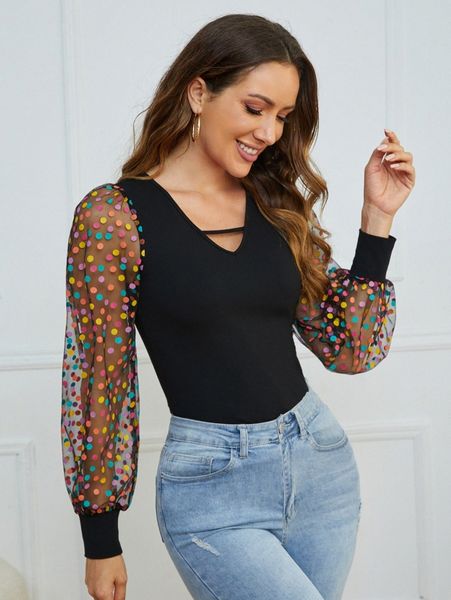 

keyhole neck polka dot mesh lantern sleeve 25jy#, White