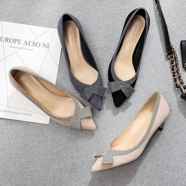 

dress shoes 2021 korea women 3.5cm low heel bowtie sequined cloth crystal pointed toe slip on beige black ladies high heels