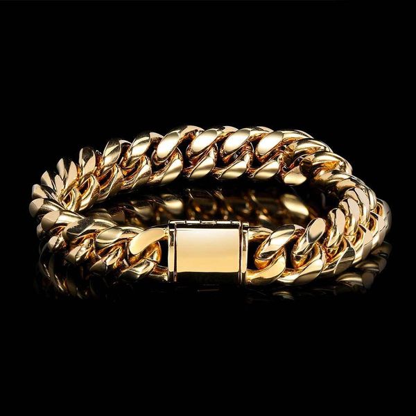 

factory wholesale hip hop new stainless steel bracelet real gold plated smooth flip buckle round grinding cuban chain popular fashion xmas g