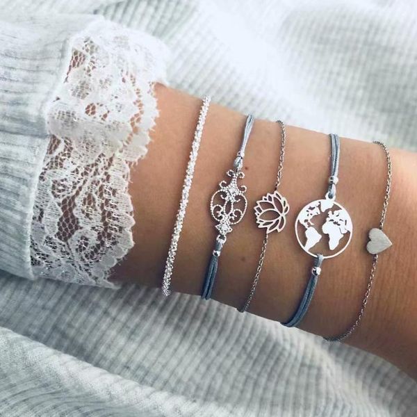 

charm bracelets bl107 punk hollow heart map round bead tassel chain bracelet gold color set women exquisite party lover gift, Golden;silver