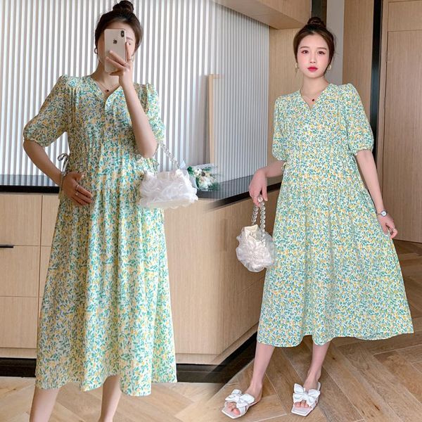

1771# summer bohemian fashion style floral print chiffon maternity long dress sweet a line clothes for pregnant women pregnancy dresses, White