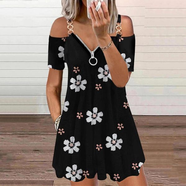 

casual dresses zipper mini dress cold shoulder floral print women's fashion v-neck short sleeve sukienki damskie #g2, Black;gray
