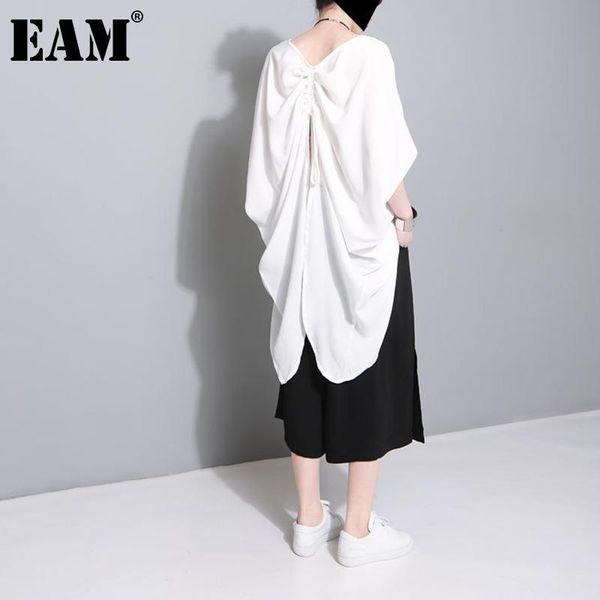 

[eam] women irregular drawstring big size black t-shirt round neck three-quarter sleeve fashion spring autumn 2021 1dd5124 women's, White