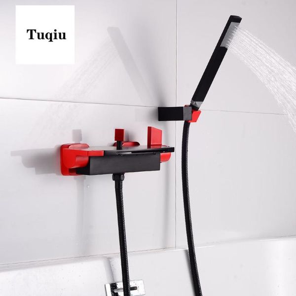 

tuqiu bathtub shower set wall mounted waterfall faucet, bathroom cold and bath mixer taps brass black red sets