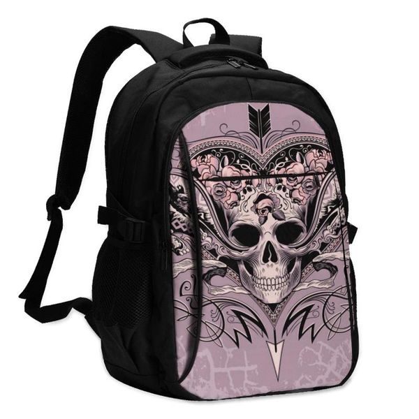 

backpack bags school for boy girl teenagerskull heart on a dusty mauve usb charge computer lapback pack
