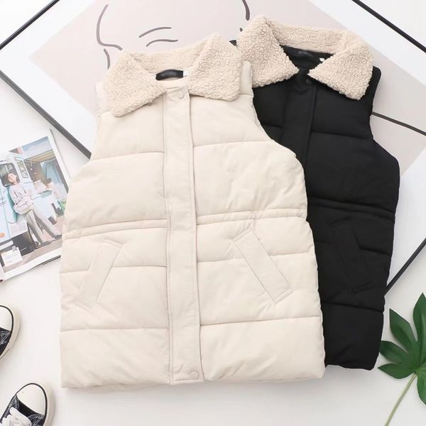 

winter cashmere lapel crimping thickened cotton vest warm for women, White