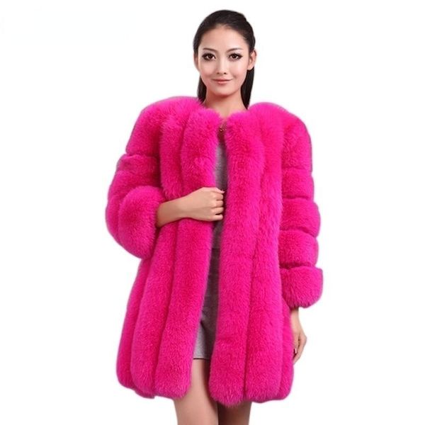 

women's fur & faux winter coat women s-4xl luxury slim long pink red blue jacket fake coats manteau fourrure, Black