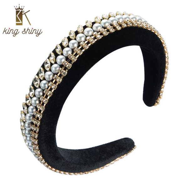 

king shiny baroque single row imitation pearl headband elegant sparkly rhinestone padded hairband woman party headpiece headwear hair clips, Golden;silver