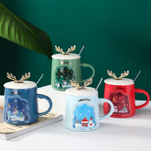 

mugs 350ml ceramic breakfast milk coffee mug cute juice tea cup with lid spoon cartoon christmas home drinkware creative holiday gift