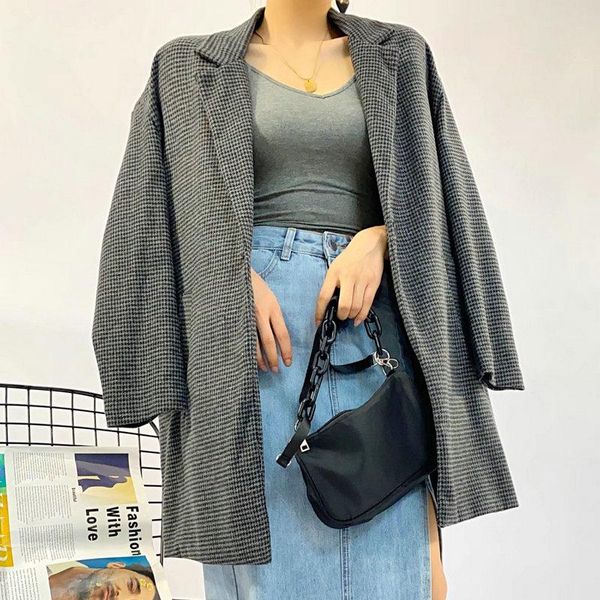 

women's suits & blazers autumn women check pattern tweed gray plaid notched collar single button design wool blend suit jacket korean s, White;black