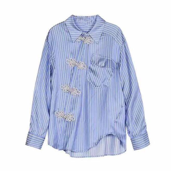 

women shirt turn down collar long sleeve blue striped buckle b0476 210514, White