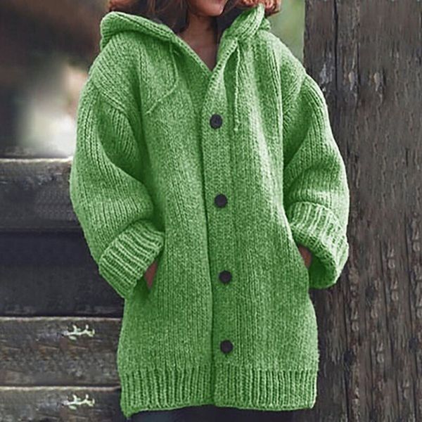 

designer mid-length hoodies women plus size pure color fashion sweater thick winter button long sleeve hooded knit fashion outer, Black