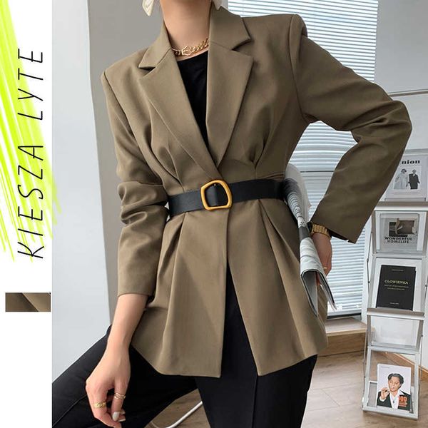 

women elegant suit jacket long sleeve slim belted blazer solid khaki female chic lady office outwear coat 210608, White;black