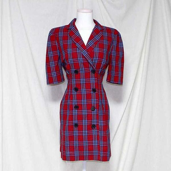 

perhaps u red yellow plaid notch collar puff sleeve short sleeve double-breasted a line vintage mini dress d1329 210529, Black;gray