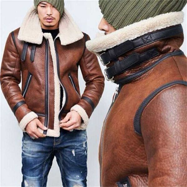 Warme Männer Winter Pelz Gürtel Faux Leder Jacke High Neck Shearling Mantel Wolle Futter Langarm Herren Leder Bomber Winter mäntel 211110