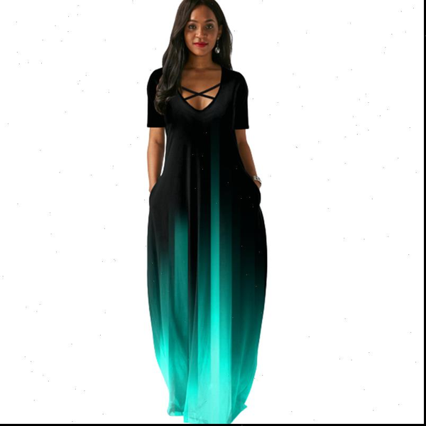 

womens dresses cris cross v neck print bohemian maxi dress women short sleeve summer color matching digital printing long robe, Black;gray
