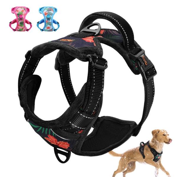 

reflective nylon dog harness no pull no-choke large adjustable soft pet vest with easy control handle for dogs collars & leashes