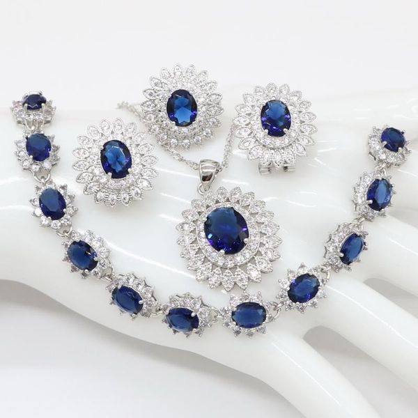 

earrings & necklace beautiful round baguette shape cubic zirconia blue fashion jewelry set for ladies, Silver