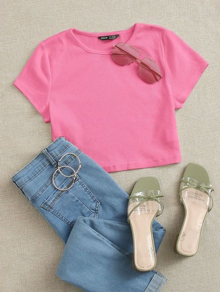 

solid rib knit crop tee j7qj#, White