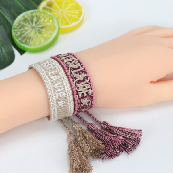 

charm bracelets personality letter bracelet c'est la vie hand-embroidered adjustable wrist tassel rope fashion friendship small jewelry, Golden;silver