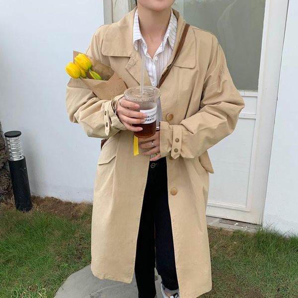 

women's trench coats 2021 spring autumn korean fashion loose single-breasted long coat casual turn-down collar button solid, Tan;black