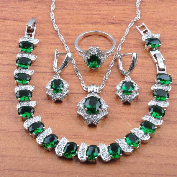 Estilo russo com pedras naturais Conjuntos de jóias verdes de prata Acessórios de fantasia de moda para mulheres Presente de Natal JS484 H1022