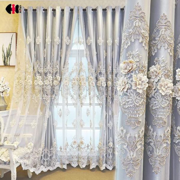 

double-layer blackout embossed embroidered curtains for living room thickened shading cloth gauze parlor window treatment curtain & drapes