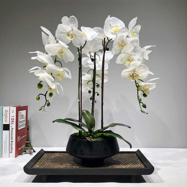 Grande composizione di fiori di orchidea artificiale PU tocco reale tocco della mano pavimento decorazione della tavola bouquet di alta qualità per la casa senza vaso 210624