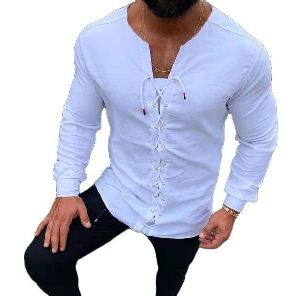 Camicie casual da uomo Tinta unita Camicia alla moda Camicette a maniche lunghe Abbigliamento uomo Maglieria estiva Top Pullover Senza collo Fasciatura bianca Blusas Uomo