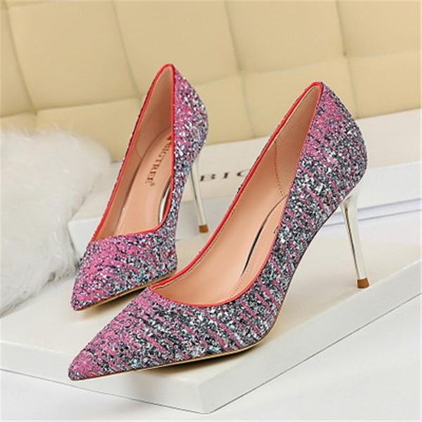 

dress shoes bling sequin thin heel high heels pumps women pointed toe ladies fashion colorful wedding, Black
