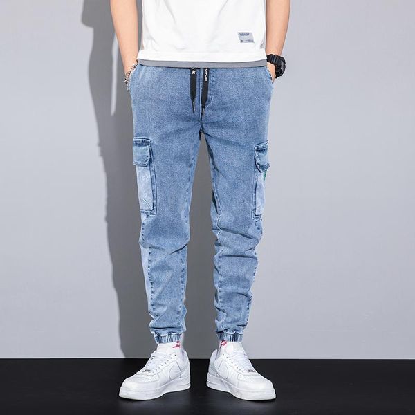 

men's jeans spring summer black blue baggy men streetwear multi-pockets cargo pants joggers jean trousers plus size 6xl 7xl 8xl