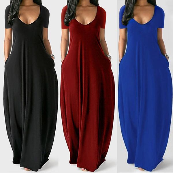 

casual dresses women maxi dress summer v-neck solid long fashion pockets short sleeve loose female vestidos plus size, Black;gray