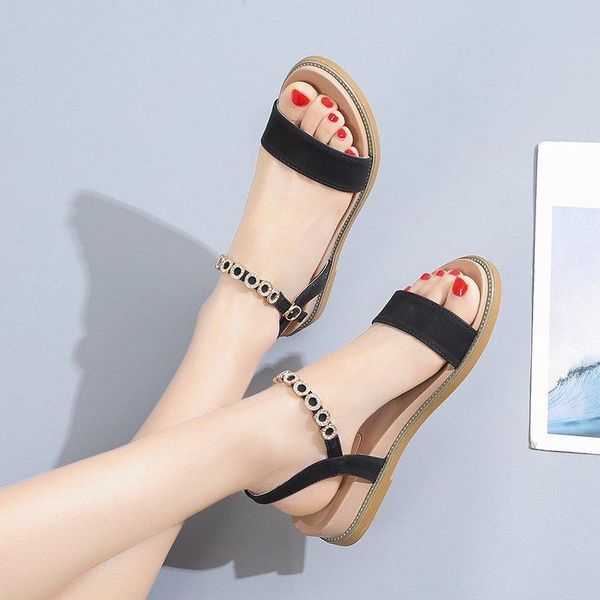 

women sandals shoes suede leather ladies summer flat beach casual flip flop gladiator shoe rhinestone chain footwear, Black