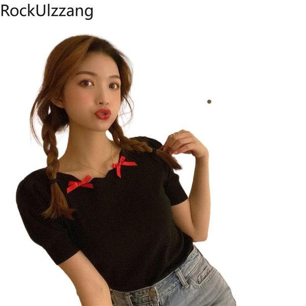 

women's t-shirt knit clothing short sleeve bow neck lolita sweet slim cute t shirt crop korean aesthetic kawaii cropped tee, White