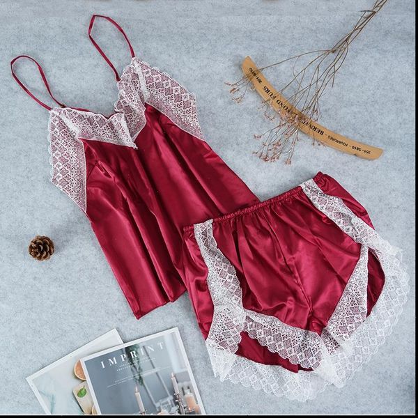 

satin pajama set womens sleepwears white lace v neck pyjamas sleeveless cute cami and shorts summer rayon, Black;red