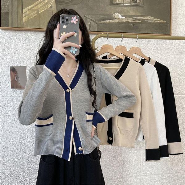 

women's knits & tees knitting v neck cardigan long sleeves contrast color thin sweater coat autumn winter for women fashion lady cloth, White