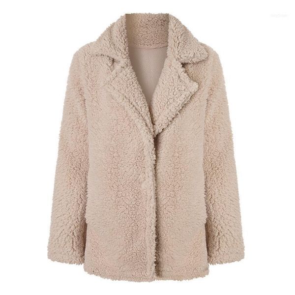

women's wool & blends 2021 women autumn winter elegant faux fur coat thicken warm fleece jacket female fashion outerwear overcoat bear, Black