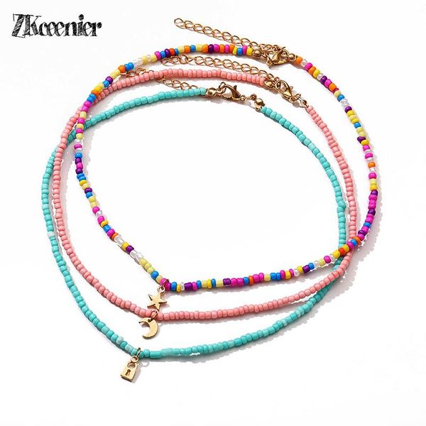 

chokers 3-layer necklace creative lock pendant color rice bead clavicle chain bohemian short candy star and moon jewelry, Golden;silver