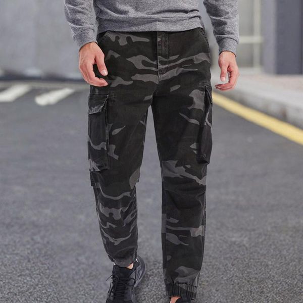 

men's pants men mid-waist zip cargo relaxed fit camouflage print trousers with multi-pocket outdoors sports tactical, Black