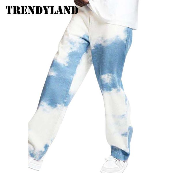 

men's jeans tie dyed straight male fashion casual patchwork loose printed jean trouser fast delivery drop, Blue