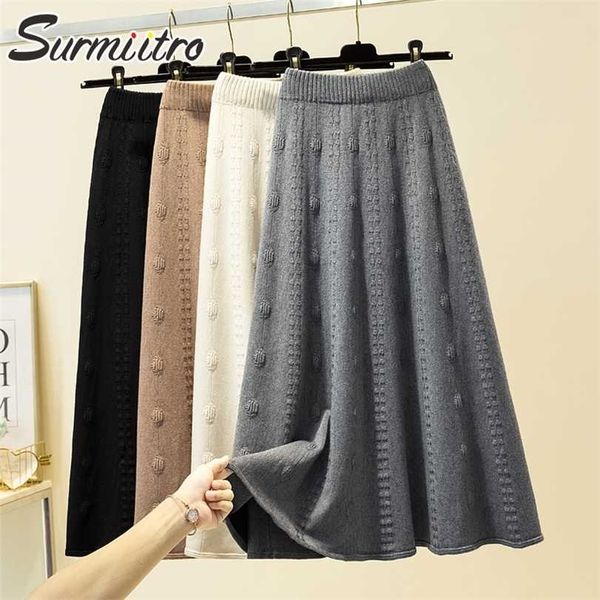 

surmiitro fashion autumn winter knitted jacquard midi long skirt women korean style mid-length high waist female 211124, Black