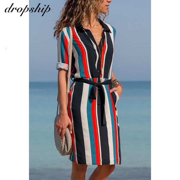 

casual dresses office ladies stripe shirt dress long boho beach turn down collar sleeve party streetwear vestidos k5sk, Black;gray